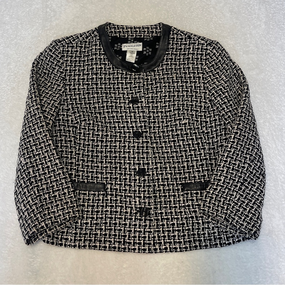 Pendleton houndstooth tweed collarless mod preppy jacket w leather trim size 14